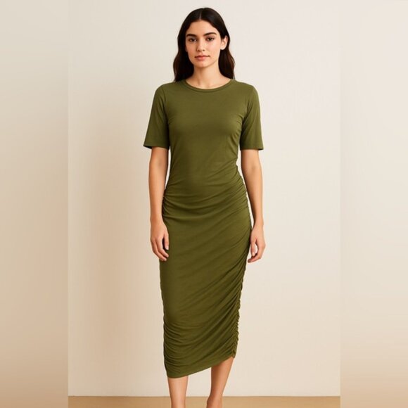 GAP Olive Green Ruched Midi T-Shirt Dress – Size S - Picture 1 of 5
